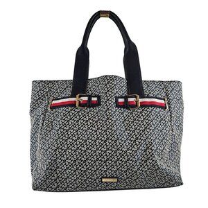 Tommy Hilfiger Womens Navy Gray Printed Tote Bag Faux Leather Trim 2 Top Handles